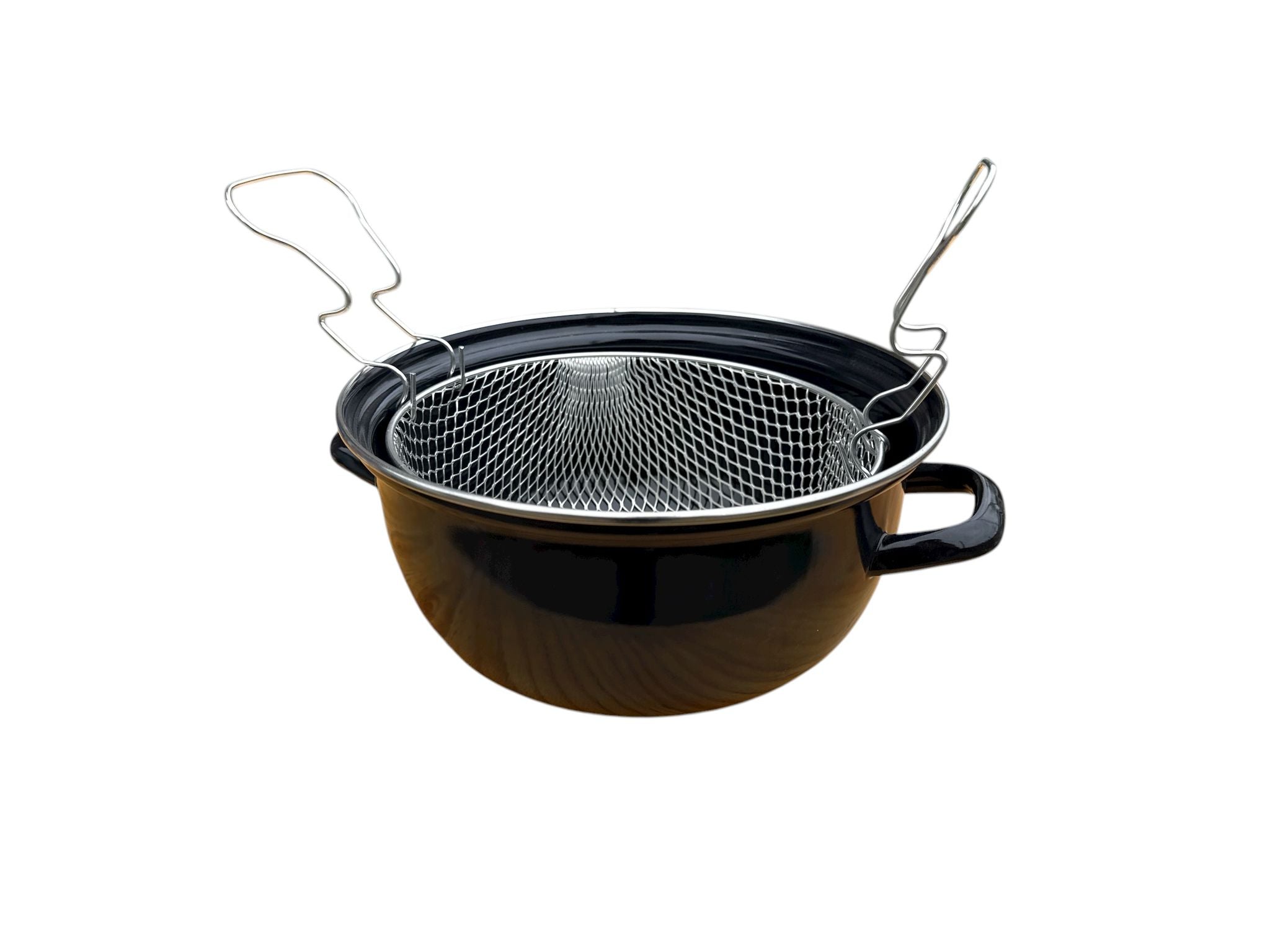 Ceaun emailat Ø24 cm, 4.5 litri, cu coș metalic – Bordură inox, pentru prăjit & fiert Ceaun emailat Ø24 cm, 4.5 litri, cu coș metalic – Bordură inox, pentru prăjit & fiert